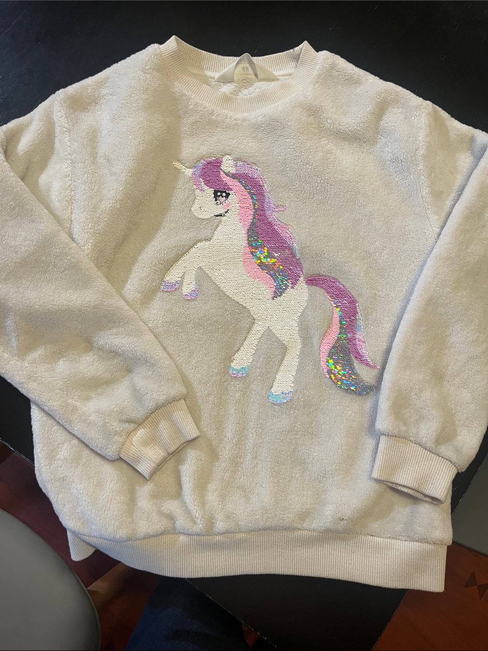 H&M Cream Girls Unicorn Sequin Sweatshirt with Pink & Purple Mane